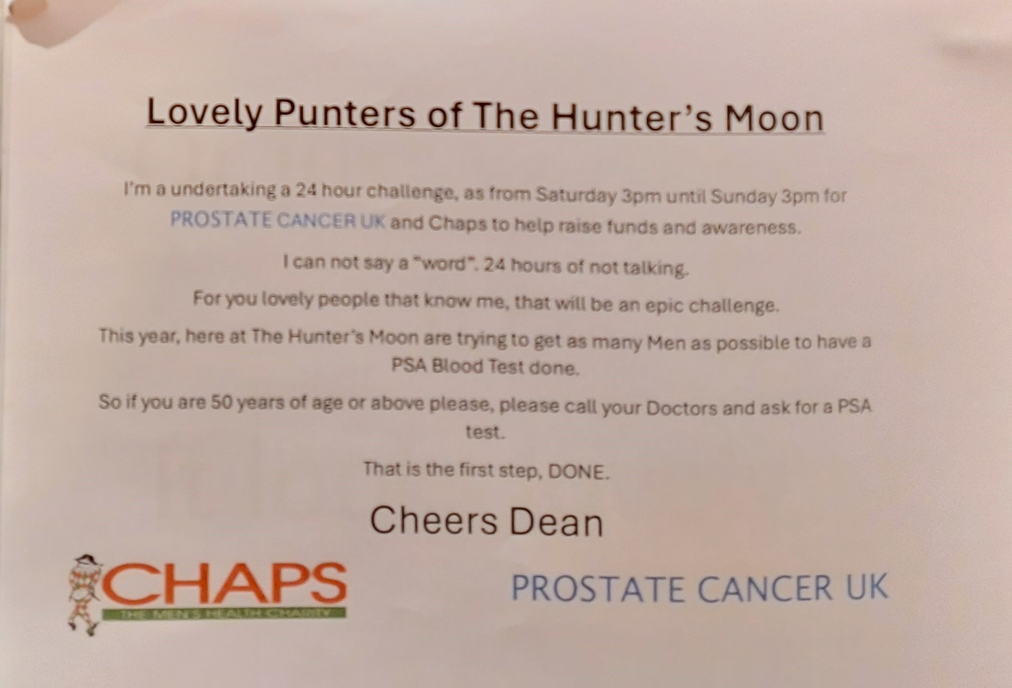 Dean's notice at the pub counter advising he was in silent mode. 