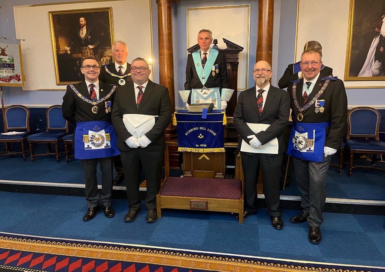 L-R; W. Bro Ian Ferguson, W. Bro Bob Rough, Bro Christopher Britton,  WM W. Bro Marek Wojcik,            Bro Piotr Tomaszewski, W. Bro Lloyd Bubb, W. Bro Jim Mitchell