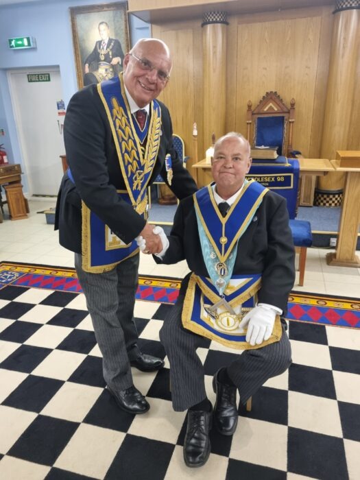 VW Bro Barry Cramer PDepPrGM congratulates W. Bro Tony McCarron