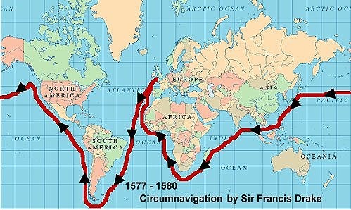 A modern map showing Drake's voyage of circumnavigation