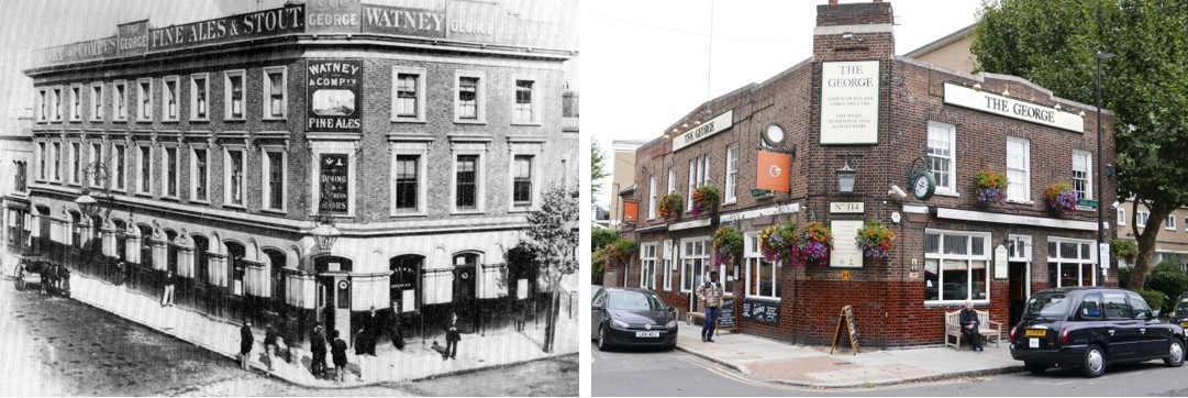 The George as it appeared before the two world wars where it was severely damaged by bombs and today totally reconstructed on the old foundations.