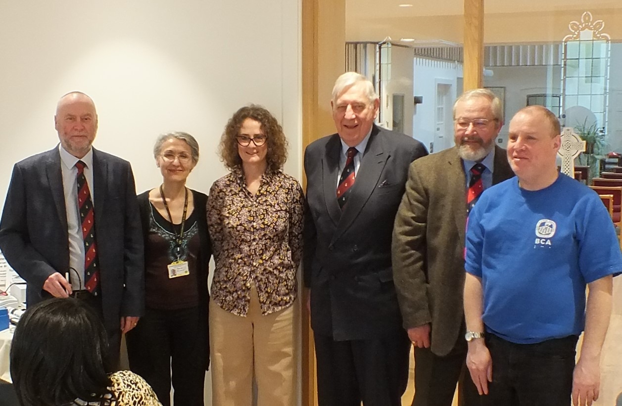 L to R: W. Bro Jim Dyett of Gordon Bourne Lodge 9388, Valerie Hall (CEO), Catherine Holtzhausen (Fund Raising Manager), RW Bro Peter Baker Pro Provincial Grand Master, W. Bro Don Campbell (Craft ProvGChStwd), and W. Bro Simon Highsmith a member of Bedfont Lodge 8381 and registered blind.