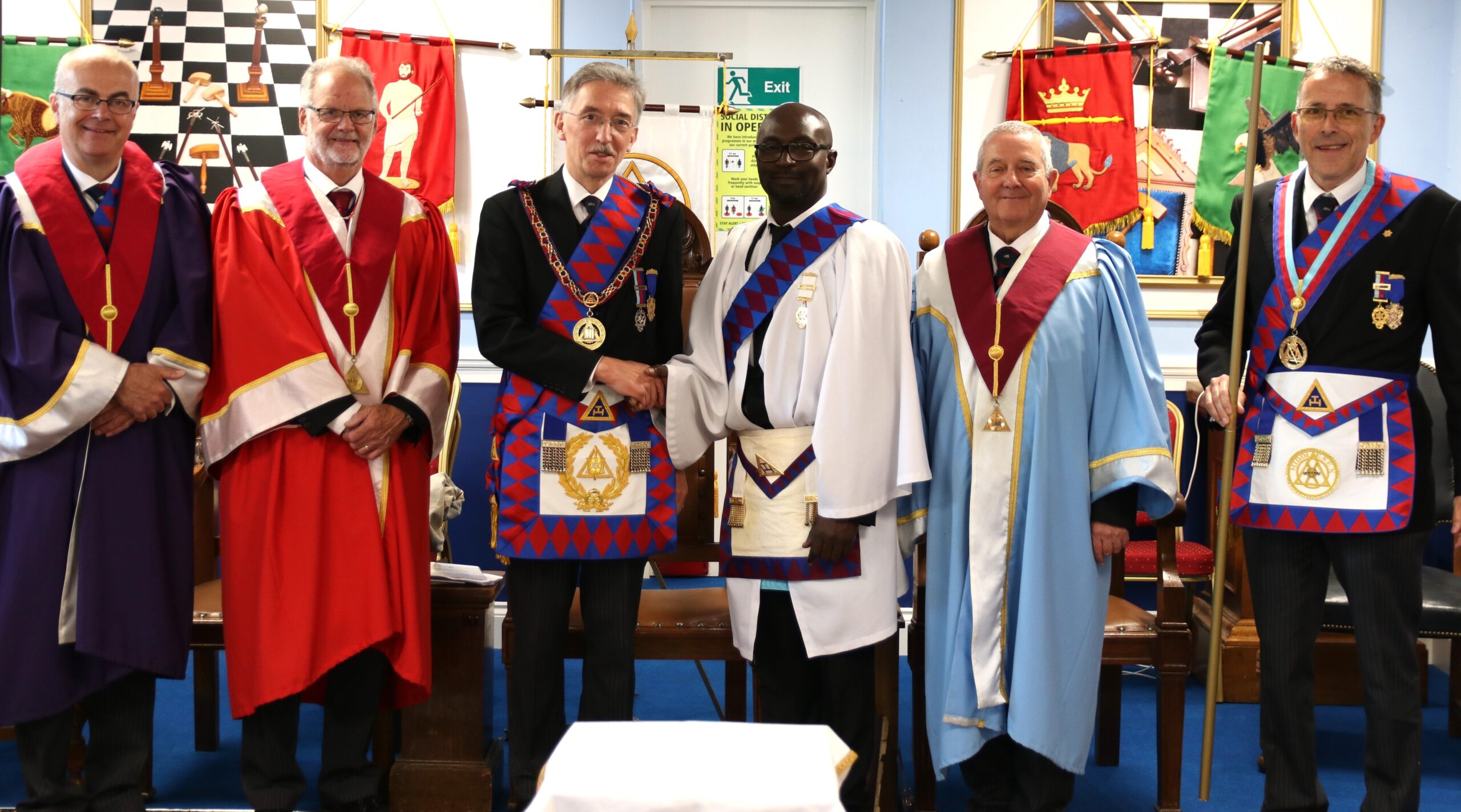 The Three Principals, the Candidate, the 3rd Provincial Grand Principal and Provincial Deputy Grand Director of Ceremonies.