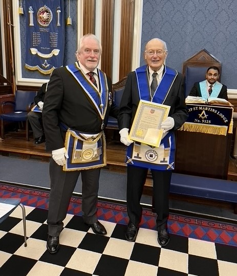 Lodge VO W. Bro Steve May PProvGSuptWks and W. Bro Ian Seeley PPrDepGReg.