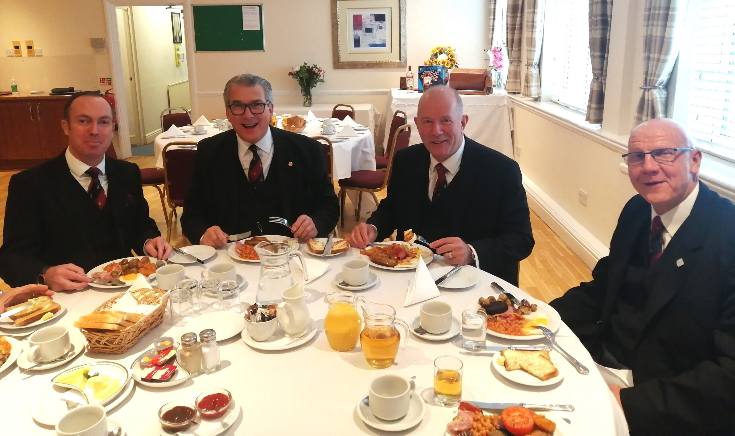 L to R: W.  Bros Frankie Whelan -Mellor ProvDepGDC, Nigel Codron PSGD PAPGM. Paul Sully PAGSwdB, APGM and W. Bro Martin Burt ProvJGW