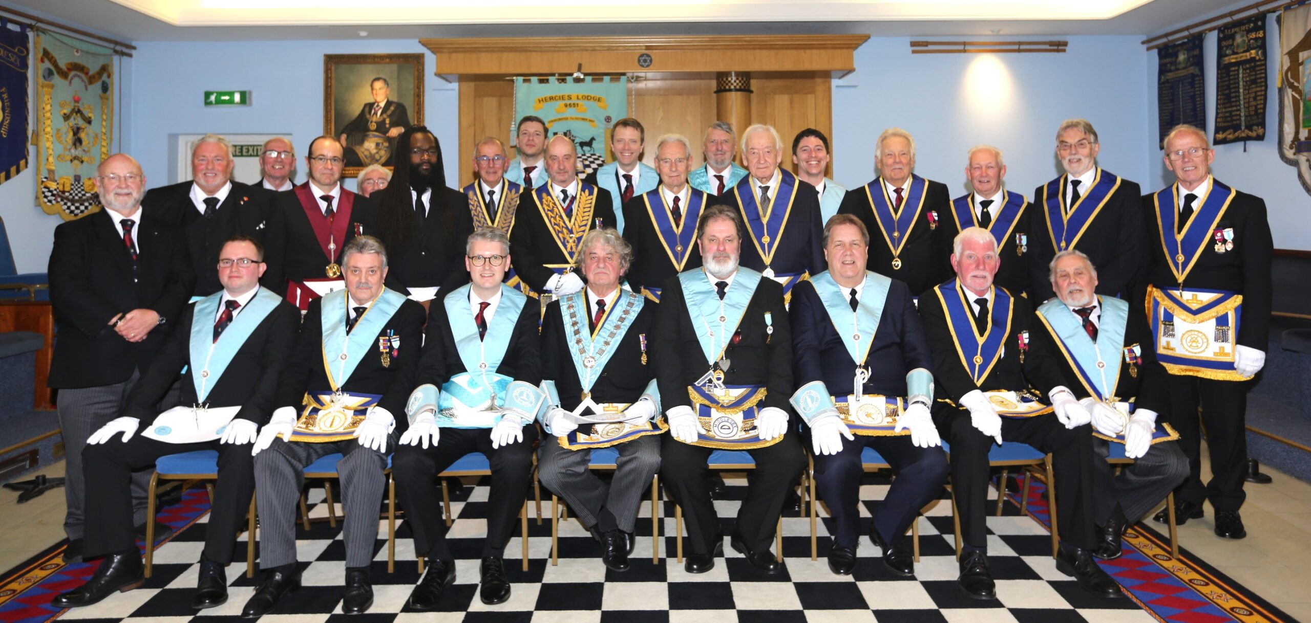 Brethren and guests of Hercies Lodge No. 9651 who attended the 100th meeting of the Lodge at the Uxbridge Masonic Centre on Wednesday 20th November, 2023.