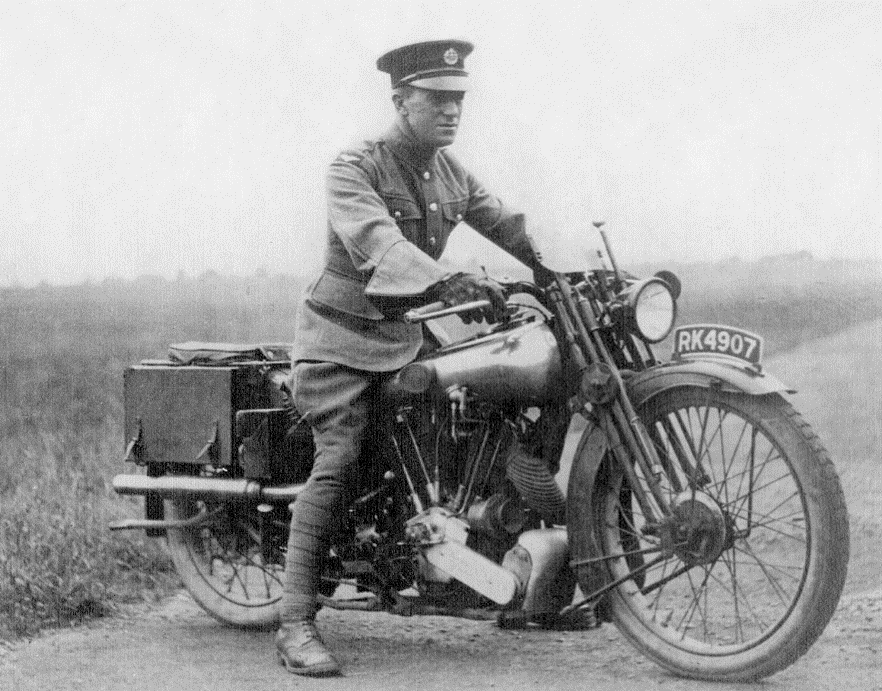 T E Lawrence and his favoured motorcycle - the Brough Superior. Taken some time after his days at Uxbridge - photo free to use - Wikicommons.