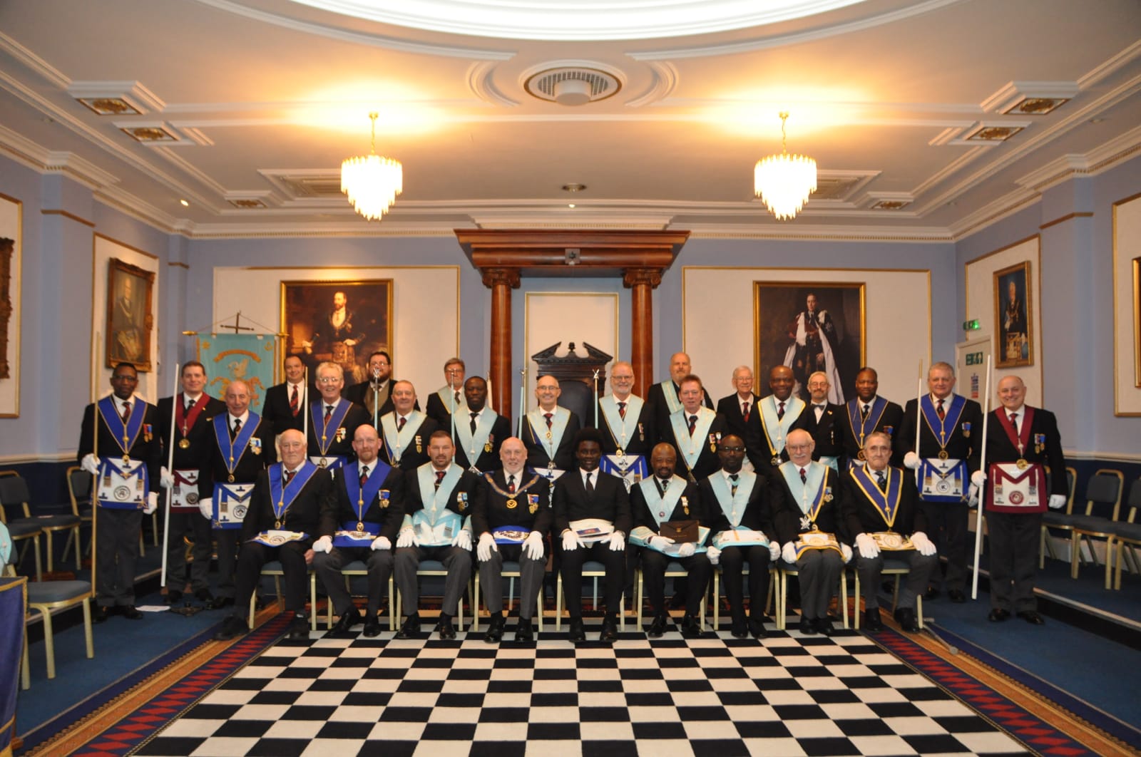 Brethren of St Clair Lodge No 2902 with W. Bro John Leggatt PSGD APGM and the Lewis.