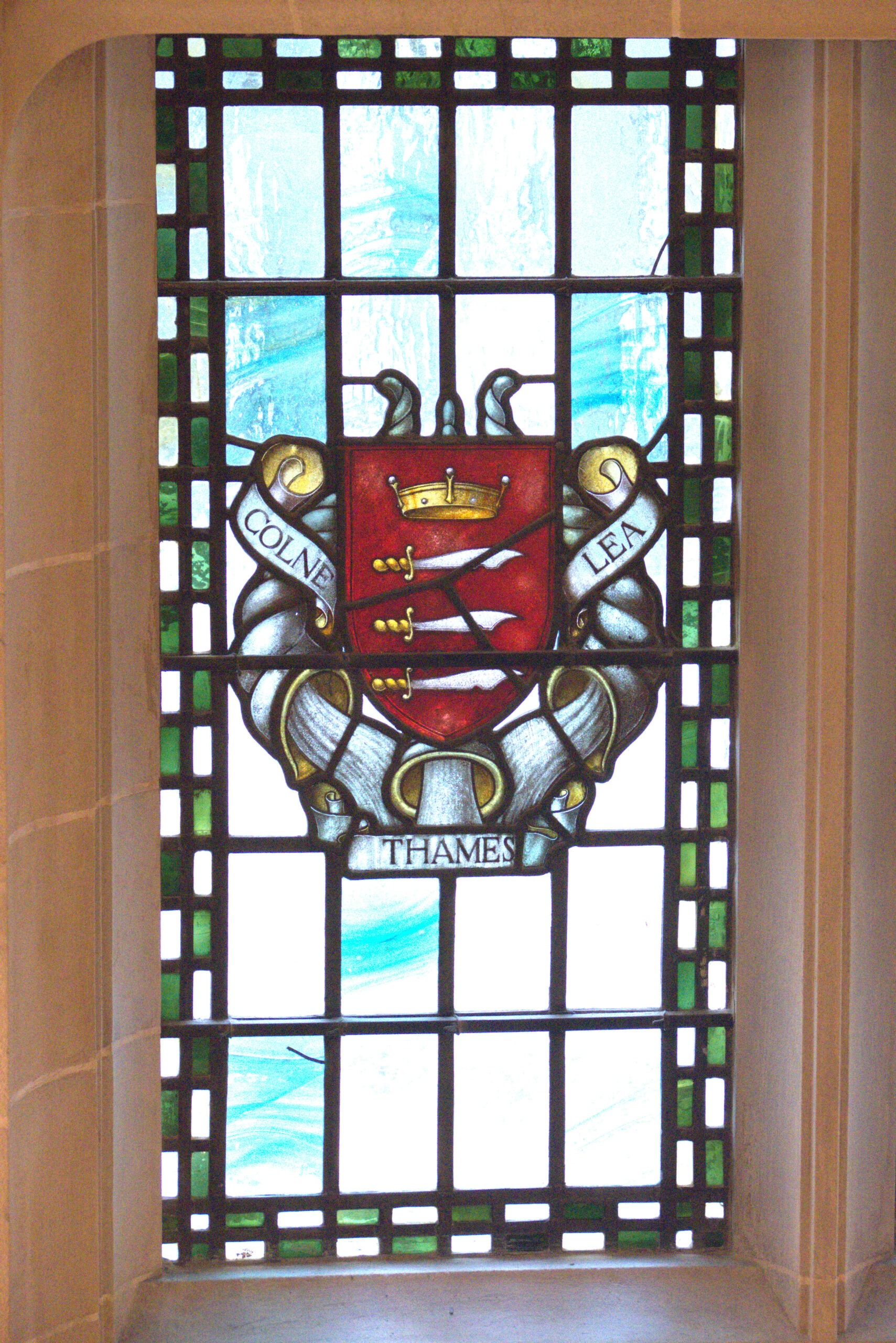 Stained glass depicting Coat of Middlesex and the river boundaries of old MIddlesex.