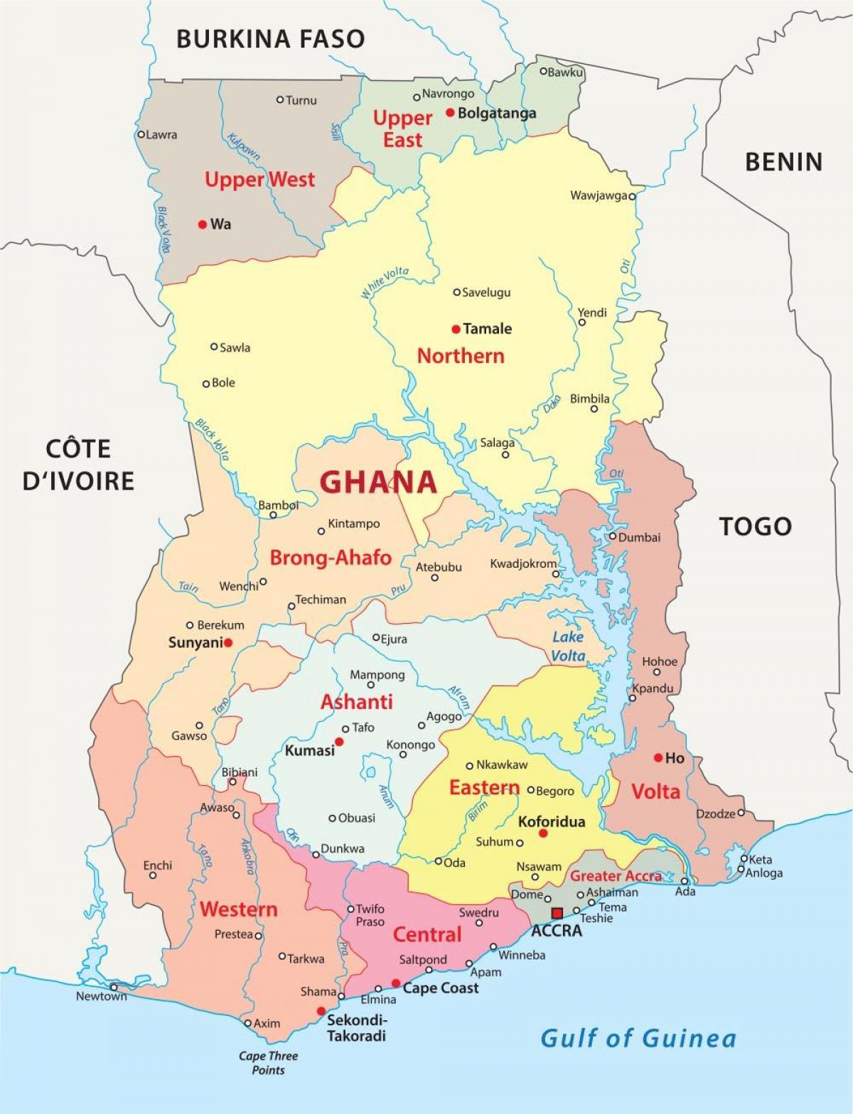 Map of Ghana - the Volta region lies to the right on the map.