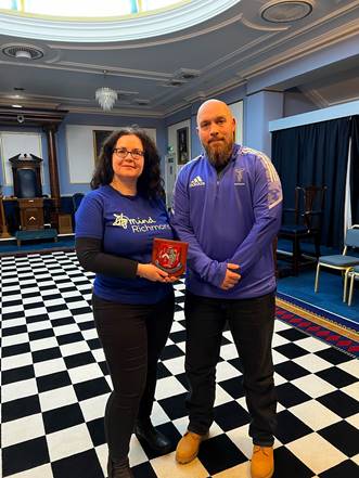 image010 W. Bro Matthew Gawn WM of Campbell Lodge with Suzanne Lynn of MIND.