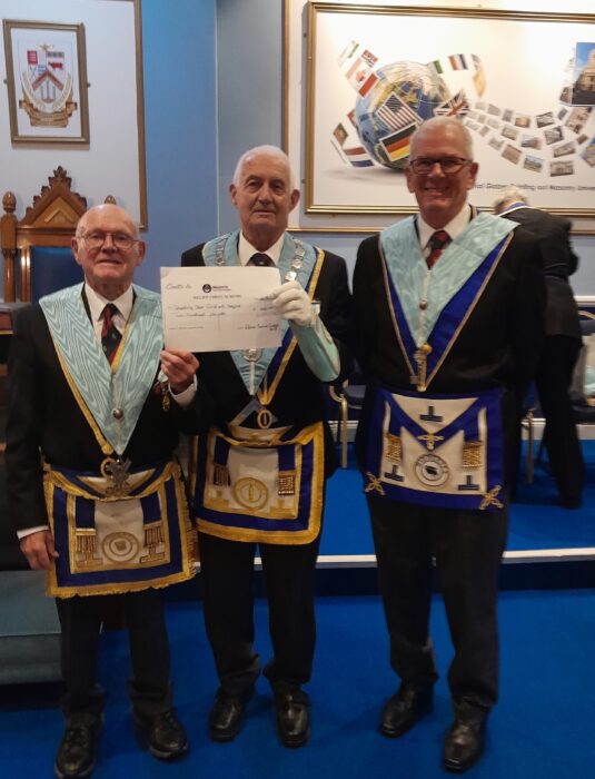 L to R: W. Bros John Gardiner (Secretary), John Chick (Worshipful Master) and Peter Leatherbarrow, (Treasurer)